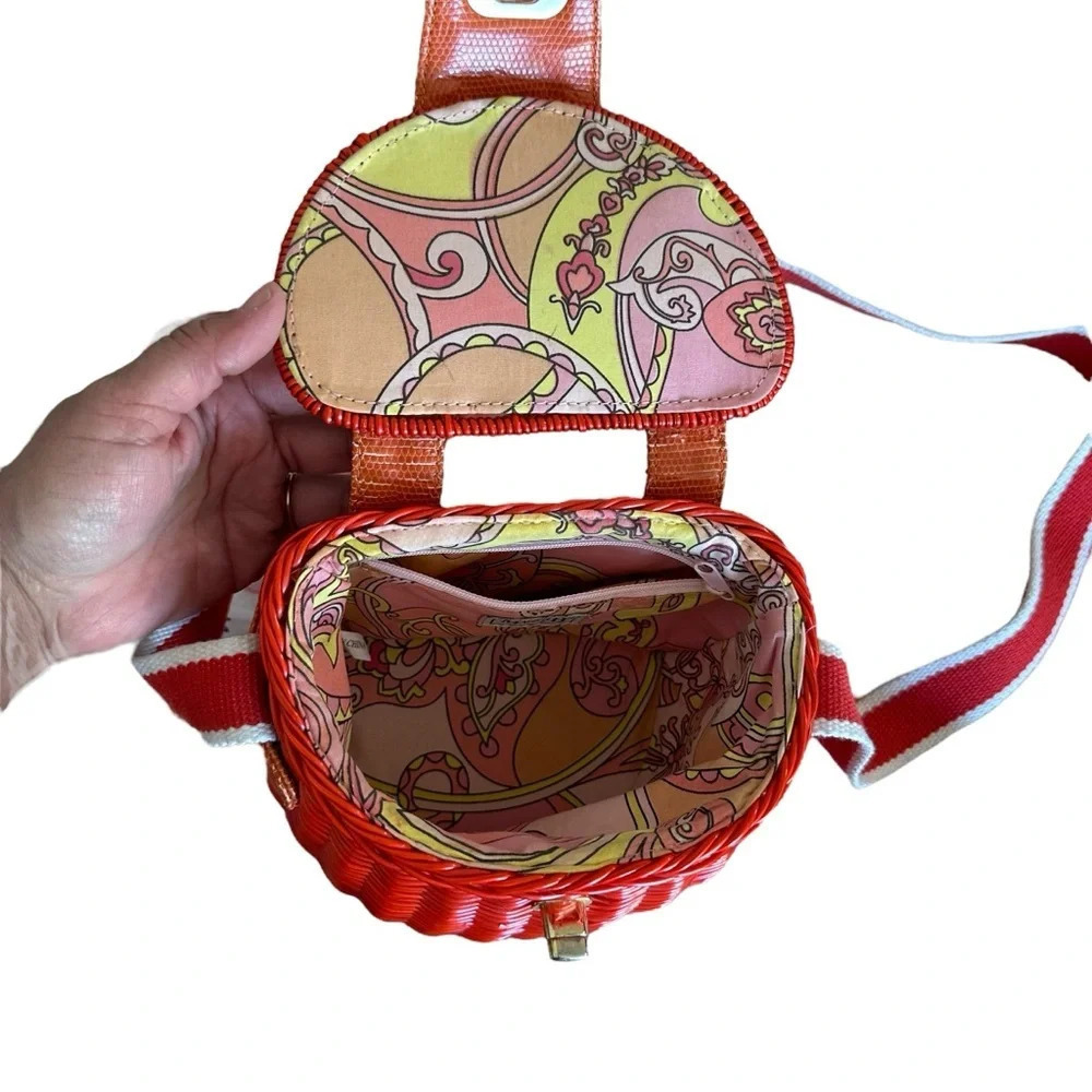 Maggi B Shoulder Bag Wicker Purse Square Bag Burnt Orange 7" L x 5" H 17" strap - Picture 6 of 7